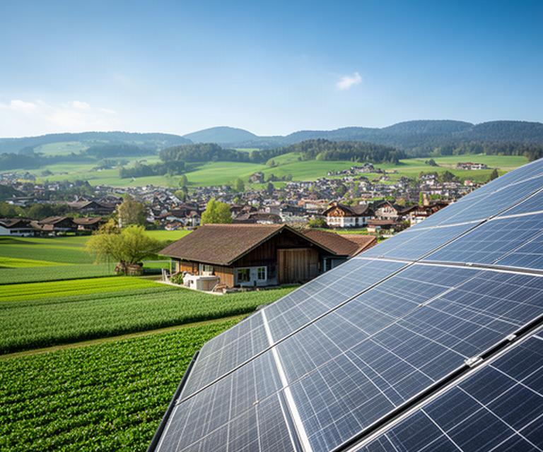 Solarmodule auf einem Landwirtschaftsgebäude neben grünen Feldern und einem Berner Dorf an einem klaren Frühlingstag